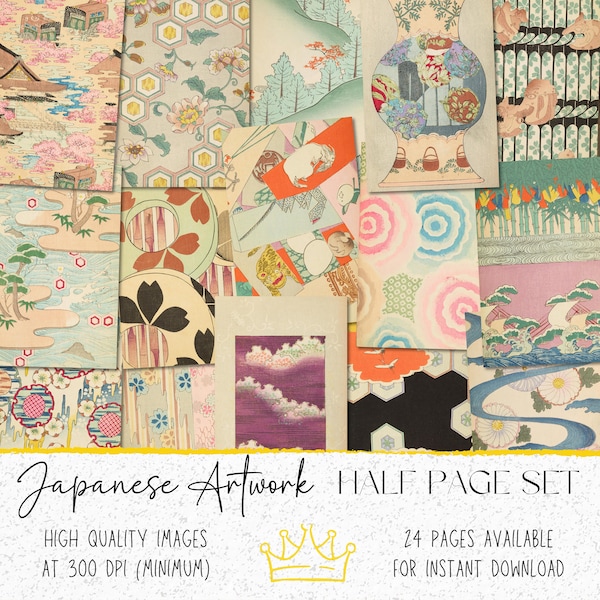 Vintage Japanese Half Page Set for Junk Journals: 24 Colorful Printable Papers via Instant Download! Personal and Commercial Use!