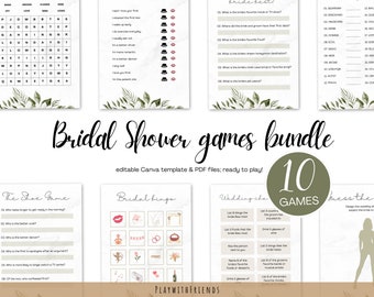 May include: A printable bridal shower game bundle with 10 different games. The games include "Bride Best", "The Shoe Game", "Bridal Bingo", "Wedding Charades", and "Guess the Dress". The games are designed with a green and white floral theme.