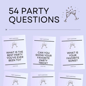 Op de afbeelding: Zes printbare kaarten met een lichtpaarse verloopachtergrond. Elke kaart heeft een zwarte rand en een zwart-witte illustratie van twee champagne glazen die klinken. De tekst op elke kaart is zwart en luidt "Party Questions" bovenaan en een andere vraag onderaan. De vragen zijn: "Wat is het beste feest waar je ooit bent geweest?", "Kun je je favoriete feesttruc laten zien?", "Wat is je favoriete liedje?", "Wat is het beste feest waar je ooit bent geweest?", "Kun je je favoriete feesttruc laten zien?", "Wat is je favoriete liedje?"