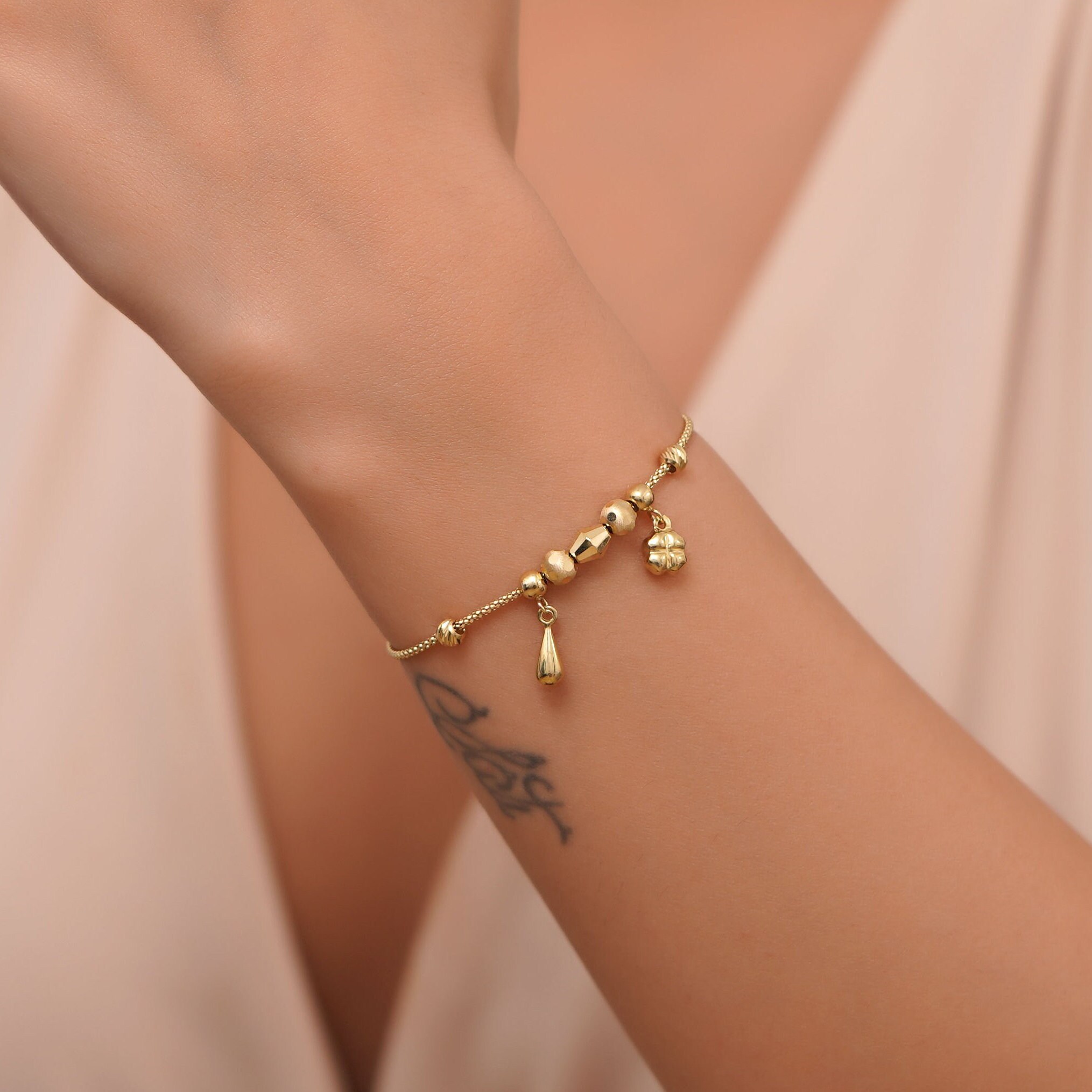 Solid Gold Charm Bracelet 14K Real Gold Beaded Bracelet for Etsy