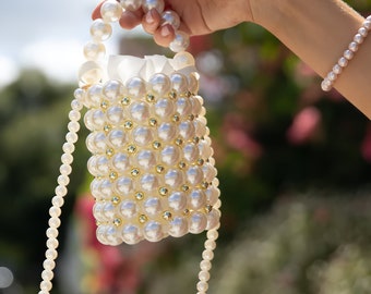 Pearl Wedding Handbag, White Beaded Bridal Pearl Purse,Pearl Evening Bag, Faux Pearl Bead Bag,Luxury Beaded Bag,Bride Bag,Bridesmaid Bag