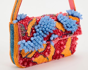 Double Side Beaded Bag,Flower Beaded Bag,Beaded Clutch Purse,Bead Small Bag,Floral Beaded Clutch,Evening Bag,Party Bag,Beaded Shoulder Bag