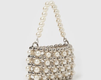 Pearl Wedding Handbag,Cream&Silver Pearl Bridal Purse,Pearl Evening Bag, Faux Pearl Bead Bag,Beaded Bag,Luxury Beaded Bag,Pearl Beaded Bag