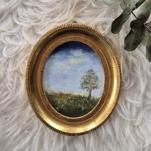 Original soft pastel painting – Landscape with tree – Antique oval gold frame
