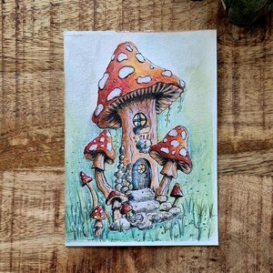 Fairytale Mushroom House Art Print - Magische aquarelillustratie, fantasiemuurkunst, sprookjesbosposter, natuurdecoratiegeschenk