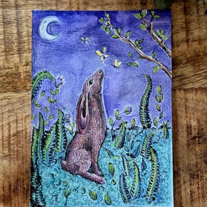 Stampa artistica "La lepre e la falena notturna" Ostara Spring Mythology A5 e A6