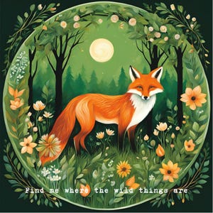 Kunstdruck Karte Poster hochwertig Fuchs floral mit Spruch "Find me..." auf Aquarellpapier (14x14 cm)