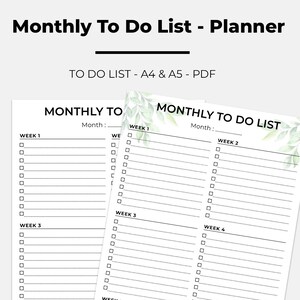 Printable Monthly To Do List - Printable Monthly Task List - Template To Do List - Monthly Planner - A4 & A5 - PDF - Instant Download