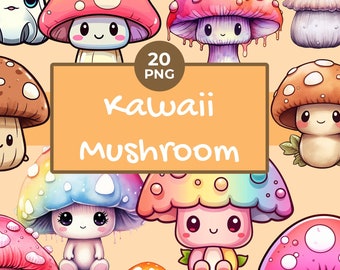Watercolor Kawaii Mushroom Clipart - Pastel Kawaii Mushroom - Cute Mushroom Clipart - Commercial Use - Instant Download - 300 DPI - 20 PNG