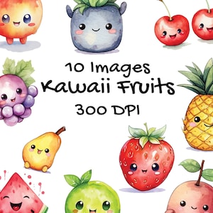 Clipart Kawaii de Fruits à l'aquarelle - Clipart Kawaii de fruits d'été à l'aquarelle - Téléchargement Instantané - Clipart mignon de fruit