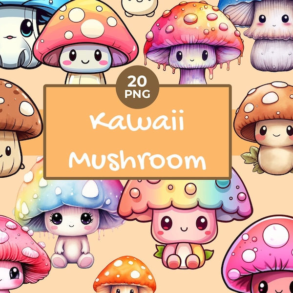 Watercolor Kawaii Mushroom Clipart - Pastel Kawaii Mushroom - Cute Mushroom Clipart - Commercial Use - Instant Download - 300 DPI - 20 PNG