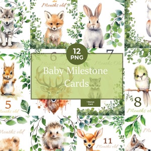 Baby Milestone Cards Imprimible - Regalo Baby Shower - Animales Lindos - Tema Animal del Bosque - Descarga Instantánea - 300 DPI - Formato A6 - INGLÉS