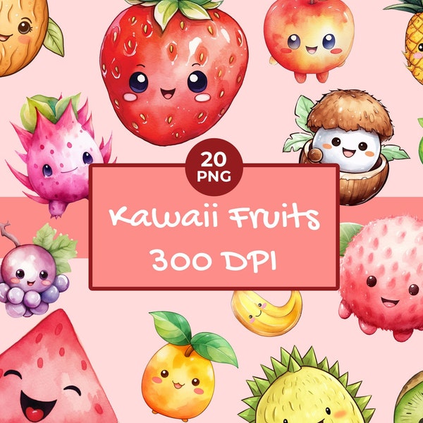 Watercolor Kawaii Fruit Clipart - Kawaii Fruits Clipart - Instant Download - Cute Fruits - Instant Download - Commercial Use - No Background