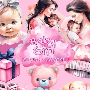 Baby Shower Clipart Watercolor - Cute Images for Baby Shower - Perfect for making invitations - Baby Girl - It&#39;s a Girl - 300 DPI