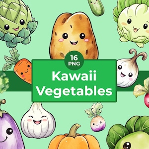 Clipart Kawaii de Légumes à l'aquarelle - Ensemble de légumes kawaii à l'aquarelle - Clipart mignon de légumes - PNG - Transparent