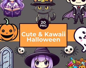 Cute Kawaii Halloween Clipart – 20 PNG Images, Commercial Use