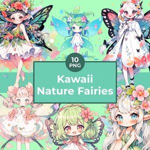 Kawaii Natural Fairies Clipart Bundle - Nature Fairy - Anime / Manga Version - Cute Fairies PNG - Watercolor - Cute Clipart - Commercial Use