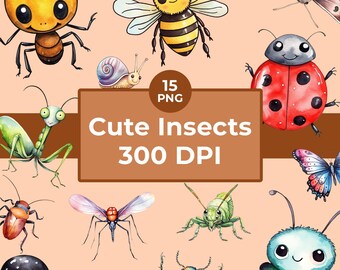 Watercolor Kawaii Insect Clipart: Bee, Ladybug, Spider (Instant Download)