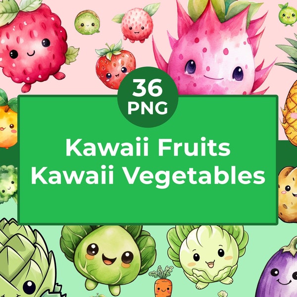Clipart Kawaii de Fruits à l'aquarelle - Clipart Kawaii de Légumes à l'aquarelle - Téléchargement Instantané - Clipart Fruits et Légumes