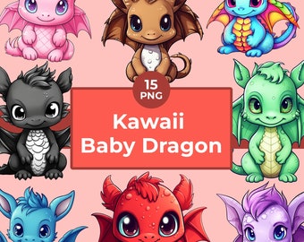Kawaii Baby Dragon Clipart Bundle: Rainbow Dragon PNG Images (Instant Download)