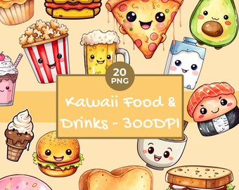 Watercolor Kawaii Food Clipart – Cute Burger, Fries, Sushi (Instant Download)
