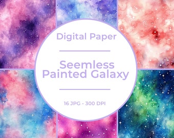 May include: A digital paper pack featuring 16 seamless watercolor galaxy patterns. The patterns are in shades of pink, blue, purple, and green with white stars. The text "Digital Paper Seamless Painted Galaxy 16 JPG - 300 DPI" is displayed on a white circle.