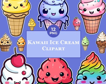 Kawaii Ice Cream Clipart - Cute Ice Cream Clipart - Perfect to make Sticker - No Background - PNG -  Commercial Use