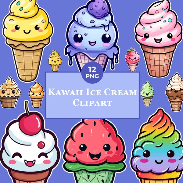 Kawaii Ice Cream Clipart - Cute Ice Cream Clipart - Perfect to make Sticker - No Background - PNG -  Commercial Use
