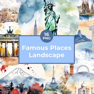 Beautiful Watercolor Landscapes Clipart - Famous Places, Cities - Eiffel Tower - Statue of Liberty - Commercial Use - Instant Download