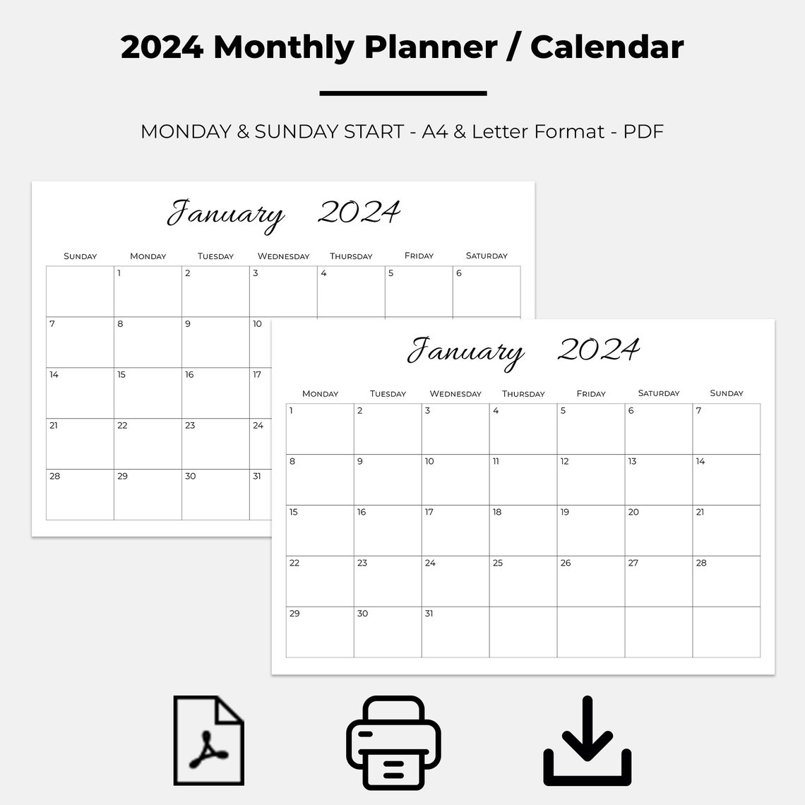 2024 Monthly Calendar 2024 Printable Monthly Planner Landscape Sunday and Monday Start PDF