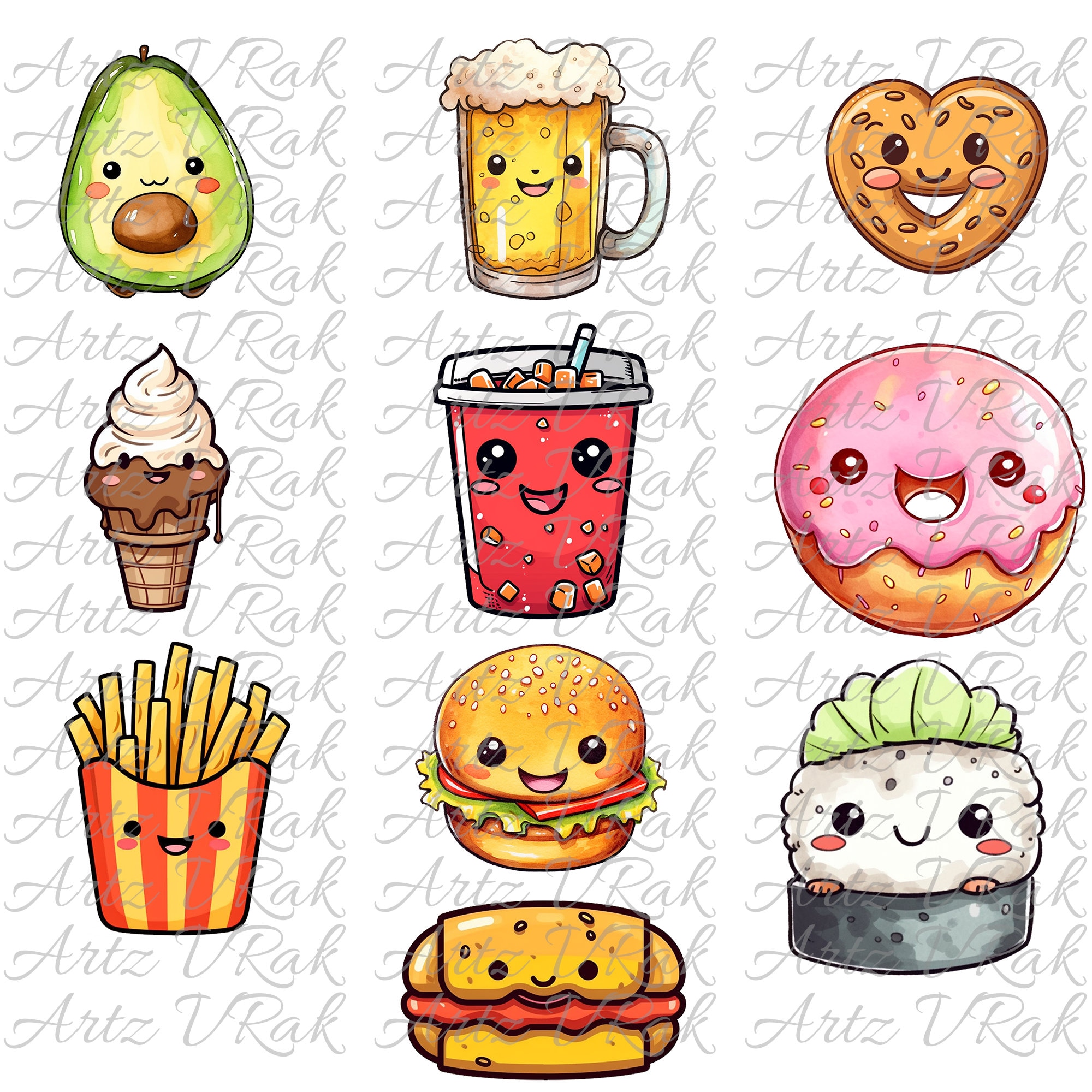 Watercolor Kawaii Food and Drinks Clipart - Cute Food and Drinks ...