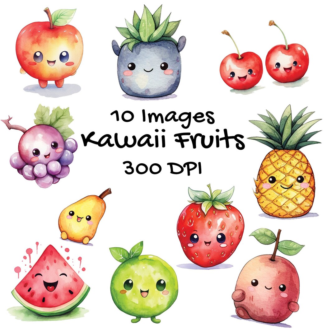 Watercolor Kawaii Fruit Clipart Kawaii Summer Fruit Clipart Etsy