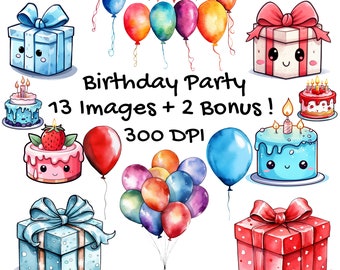 Kawaii Birthday Clipart – Cakes & Balloons, Commercial Use (Instant Download)