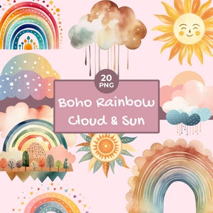 Watercolor Boho Rainbows Clipart - Boho Sun & Cloud Clipart - Pastel Color - Rainbows Clipart - Bundle of Boho Rainbows - Commercial Use
