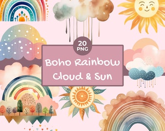 Watercolor Boho Rainbow Clipart: Sun & Cloud PNG Bundle (Commercial Use)