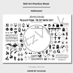 Puede incluir: Una hoja de práctica de nail art con temática de Halloween, blanca, con diseños espeluznantes como calabazas, fantasmas y murciélagos. Incluye un área circular para practicar y plantillas de alfabeto. El texto dice "Halloween" y "ArtzVrak".