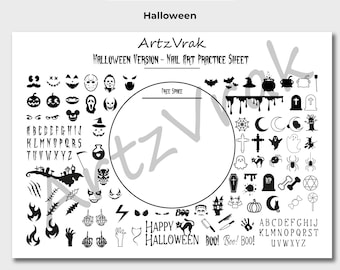 Foglio di pratica per nail art - Halloween / Spaventoso / Download digitale / Stampabile A4