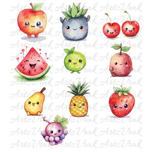 May include: Watercolor illustrations of various fruits and vegetables with cute cartoon faces. The fruits and vegetables include an apple, a pineapple, a watermelon, a pear, a lime, a strawberry, a cherry, a grape, and a potted plant.