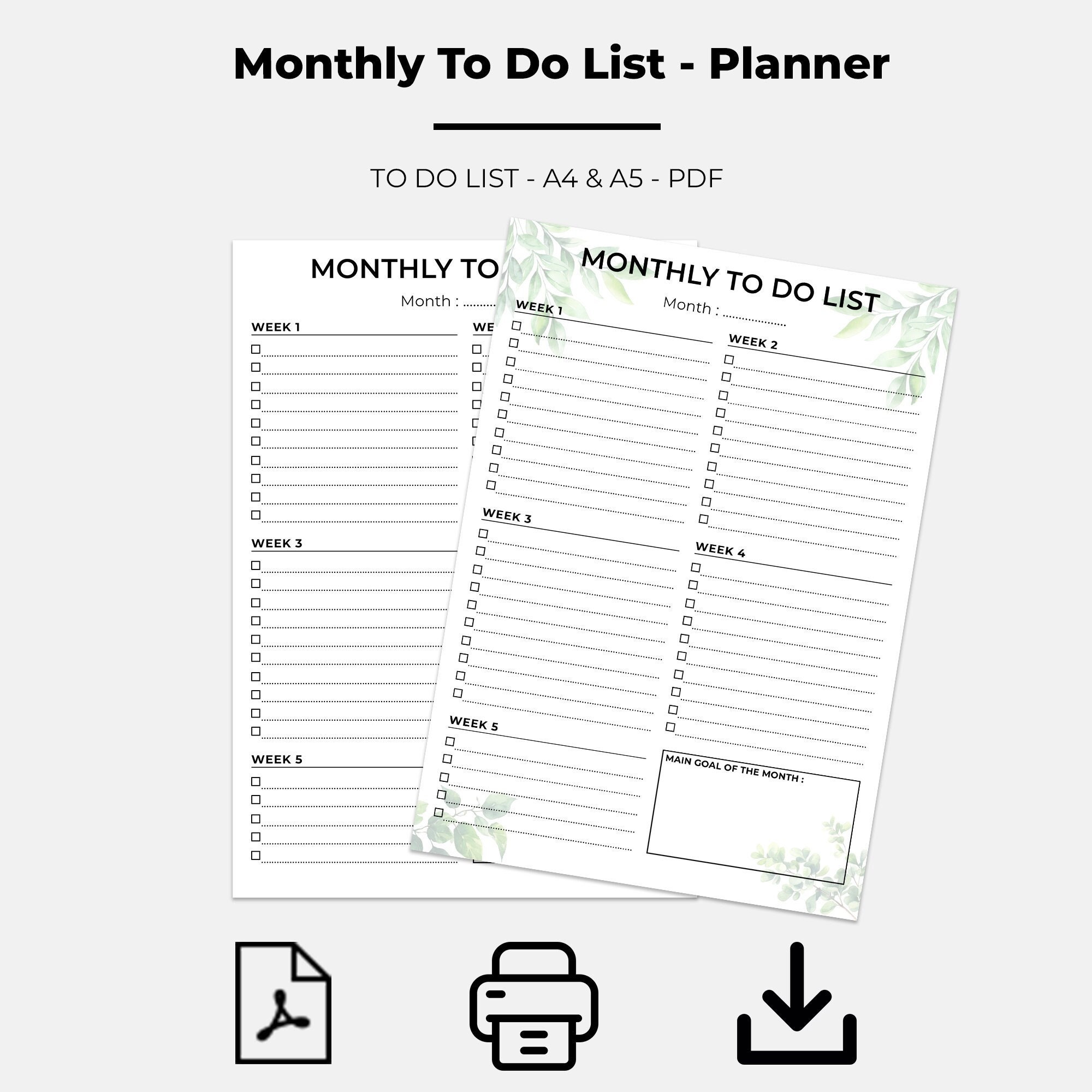 Printable Monthly To Do List - Printable Monthly Task List - Template To Do List - Monthly Planner - A4 & A5 - PDF - Instant Download