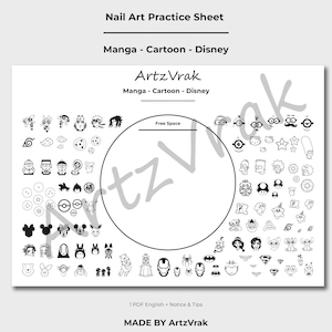 Puede incluir: Una hoja de práctica de arte de uñas blanca con dibujos lineales negros de personajes de manga, dibujos animados y Disney. La hoja incluye el texto "Nail Art Practice Sheet", "Manga - Cartoon - Disney" y "ArtzVrak".
