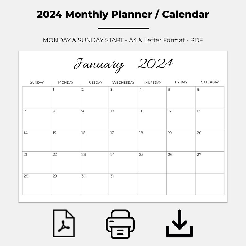 2025 Monthly Calendar 2025 Printable Monthly Planner Landscape Sunday