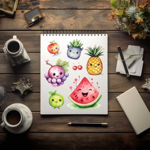 May include: A notebook with a white background and a variety of colorful fruits and vegetables drawn on it. The fruits and vegetables have cartoon faces and are drawn in a watercolor style. The notebook is open and lying flat on a wooden table.