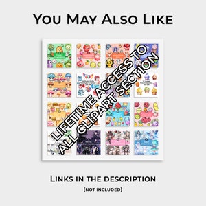 May include: A collage of 16 colorful digital illustrations featuring kawaii characters. The illustrations include themes such as vegetables, birthday party, popsicles, and fairies. The text "LIFETIME ACCESS TO ALL CLIPART SECTION" is superimposed on the image.