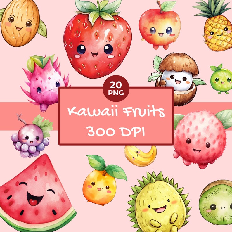 Watercolor Kawaii Fruit Clipart Kawaii Fruits Clipart Instant Download