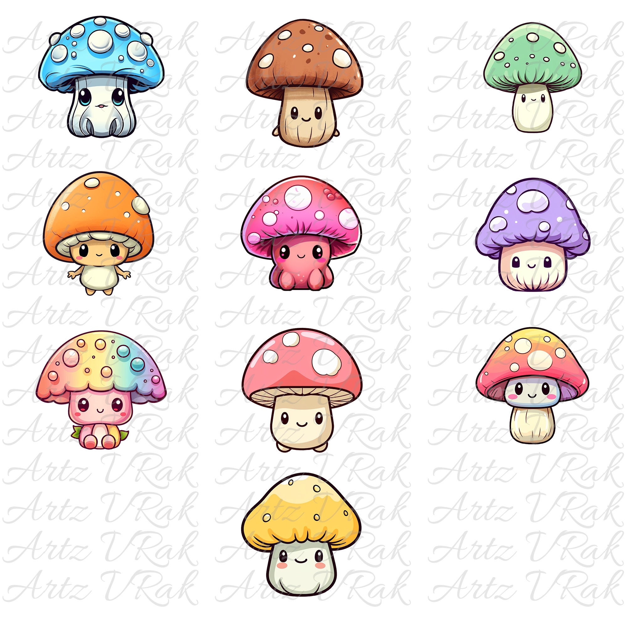Watercolor Kawaii Mushroom Clipart Pastel Kawaii Mushroom Cute Mushroom