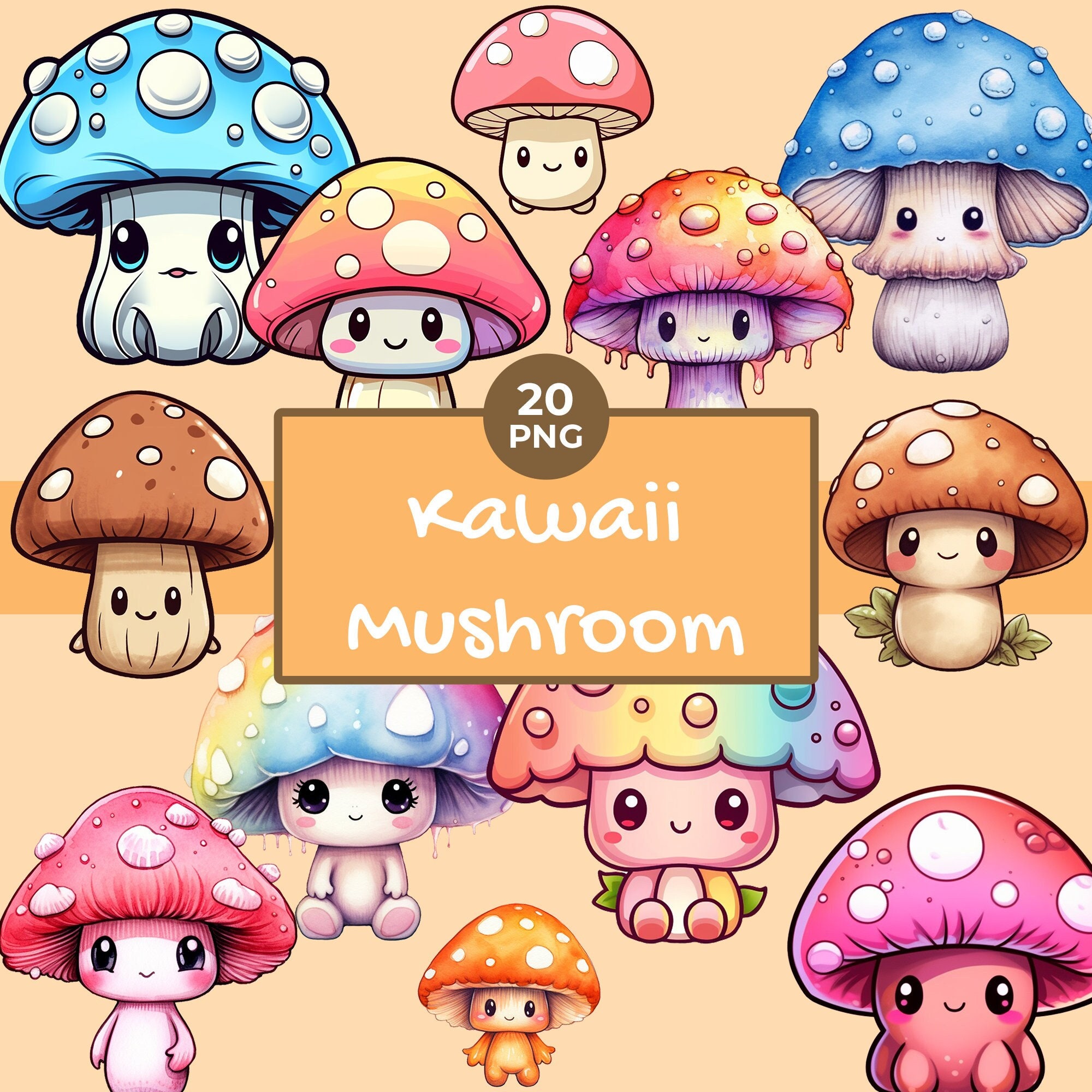 Watercolor Kawaii Mushroom Clipart Pastel Kawaii Mushroom Cute Mushroom
