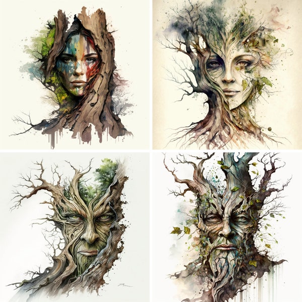EPIC FANTASY Tree Faces Clipart Set- Nature - Watercolors- Forest Spirits, Fairytale - 12 PNG Files