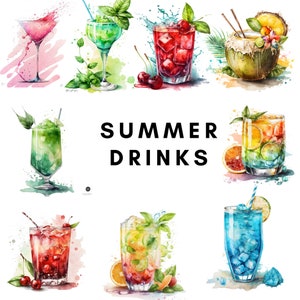 Törstsläckande sommardrycker akvarell clipart set - Kokos, Martini, högt glas och mer - 22 PNG-filer