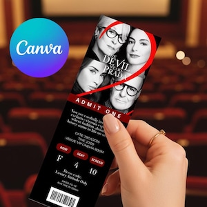 May include: A black movie ticket for "The Devil Wears Prada" with images of the cast. The ticket includes the date, time, and seat information. The background shows a movie theater.