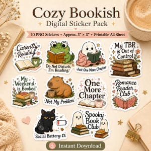 Puede incluir: Un paquete de pegatinas digitales con 10 ilustraciones de temática literaria. Los diseños incluyen una rana leyendo, un fantasma bajo una manta, un capibara con una taza, un gato negro y pilas de libros. El texto incluye frases como Currently Reading, My TBR is Out of Control y Social Battery: 1%.